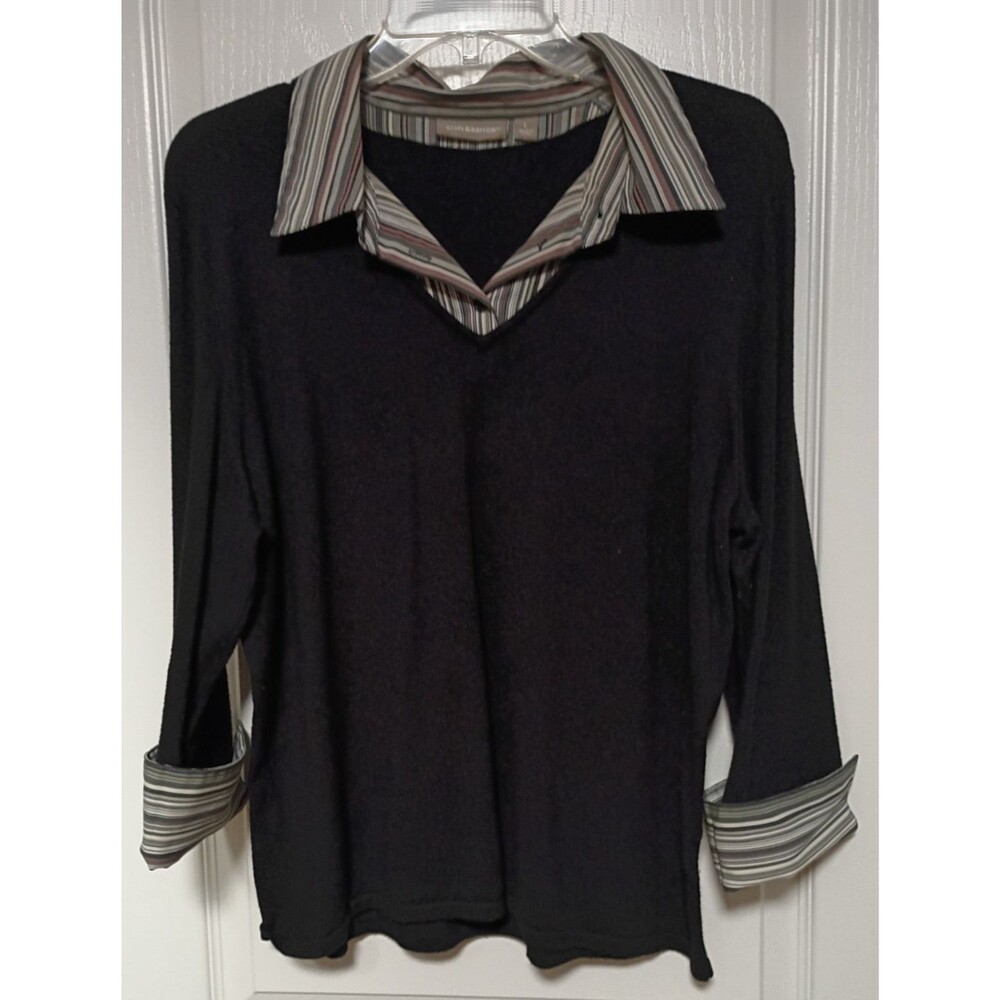 Croft & Barrow Womens Large Black Lightweight Sweater Faux Layered Striped Top